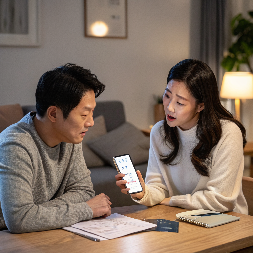 밝은 자연광이 비추는 서울 아파트 거실에서, 한국인 3대 가족이 노트북 화면 속 자산포트폴리오(주식·ETF 투자 그래프) 증가를 보며 서로 웃는 모습. 사이드테이블에는 직접 준비한 도시락이 열려 있음. 선택권이 늘어난 미래에 대한 희망과 현명한 자산관리를 상징하는 8k 초고화질 라이프스타일 사진.